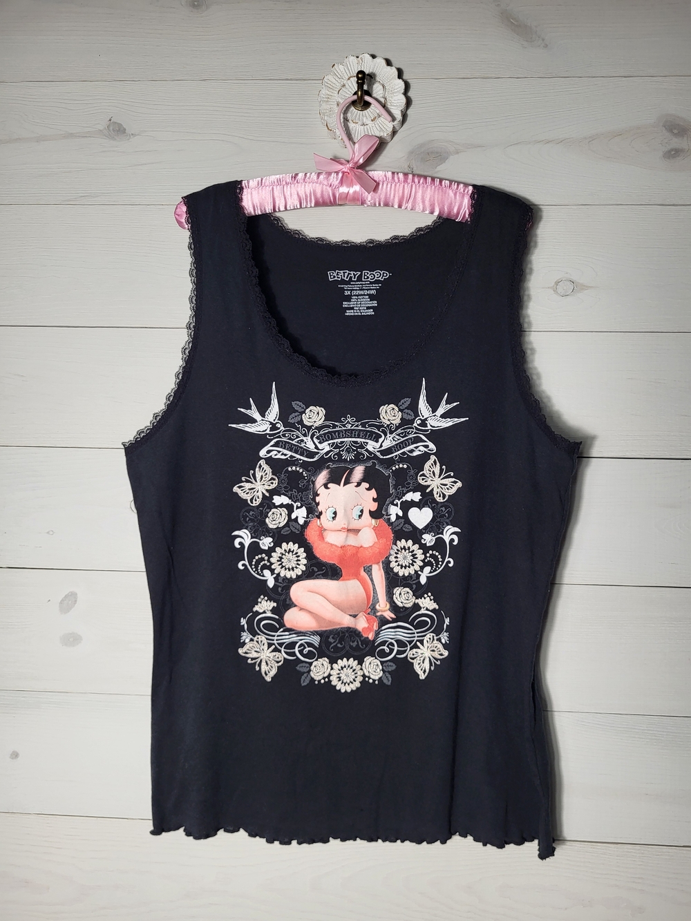 Betty Boop Tank Top Cotton Graphic Lace Trim Floral Rhinestone Goth Plus Size.